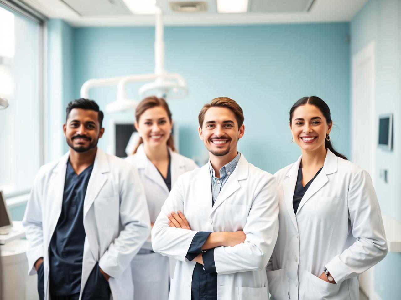 Equipe de dentistas profissionais sorrindo em clínica moderna